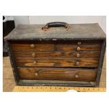 Vintage wooden machinist box & contents