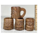 Set of 4 small carved wood tiki mugs --2-3/4" tal