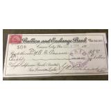 1898 Bullion and Exchange Bank check w/tax stamp