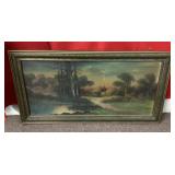 Antique oil on canvas landscape 15x29