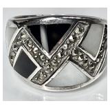 Sterling silver onyx, abalone, marcasite ring