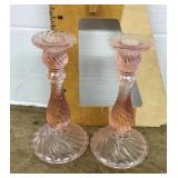Pair of pink pressed glass candlesticks