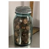 Blue canning jar full of pennies --8.5#