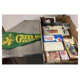 Group of baseball cards and Packers pennant
