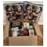 Box of Christmas ornaments and decor