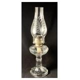 Vintage glass oil lamp with rare etched chimney