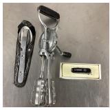 Egg beater, camping utensils, Swiss Army knife