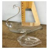 Pair of clear glass swan bowls