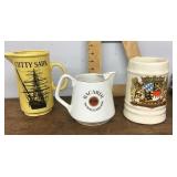 German mug, Cutty Sark and Bacardi pitchers