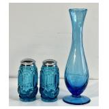 Peacock blue salt & pepper, blue glass vase