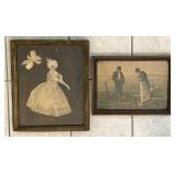 Antique framed print and lady on silk