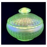 Green Depression uranium satin glass jar w/lid