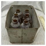 Set of 6 vintage beer bottles with metal pan