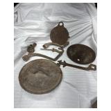 Cast iron stove parts, tools, etc.