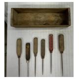 Vintage ice picks with cheese box