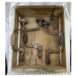3 vintage woodworking bit braces and wood box