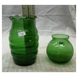 2 green glass vases