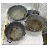 3 graniteware pans, one lid