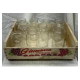 9 glass canning jars, canning tool, wood box