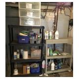 2 plastic shelves and contents