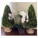 2 faux topiaries and a white orchid