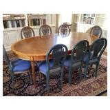 Table, 8 chairs, leaf, pads