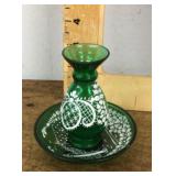 Green decorated Italian glass plate and vase