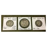 2 silver quarters, 1 walking liberty half