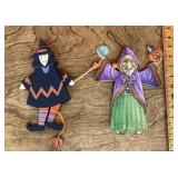 2 wooden witch Halloween decorations
