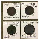 3 Colonial copper coins & 1803 large cent