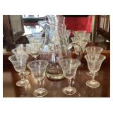 Etched pitcher and 8 glasses