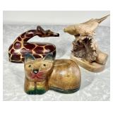 Carved wood humpback whales, cat, giraffe box