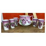 Porcelain cider pitcher with 5 matching mugs