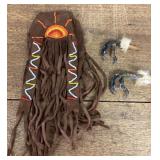 Beaded fringed leather pouch and contents