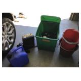 Garage tubs, totes, buckets, string lights, etc.