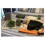 Collection of decor with purses & candle lantern