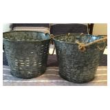 2 metal olive buckets and contents