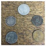Old U.S. dime, nickel, pennies