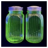 2 green Depression uranium glass shakers
