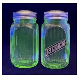 2 green Depression uranium glass shakers