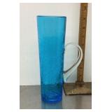 Blue crackle glass vase with applied handle