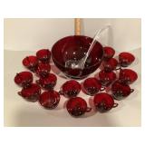Ruby red punch bowl set with 17 cups