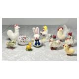 Vintage Easter chicks, bunny, milk glass egg