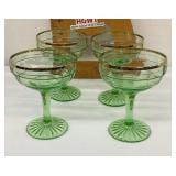 4 green Depression uranium glass wine glasses