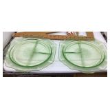 2 green Depression uranium glass divided plates