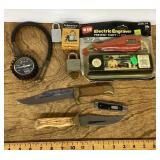 Knives, engraver, gauge, padlocks
