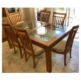 Glass top dining table, 6 chairs, 2 leaves, pads