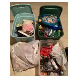 3 totes of toys and bag of plush