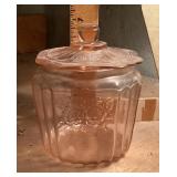 Pink Depression glass biscuit jar