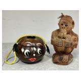 Coconut shell purse and carved coconut monkey